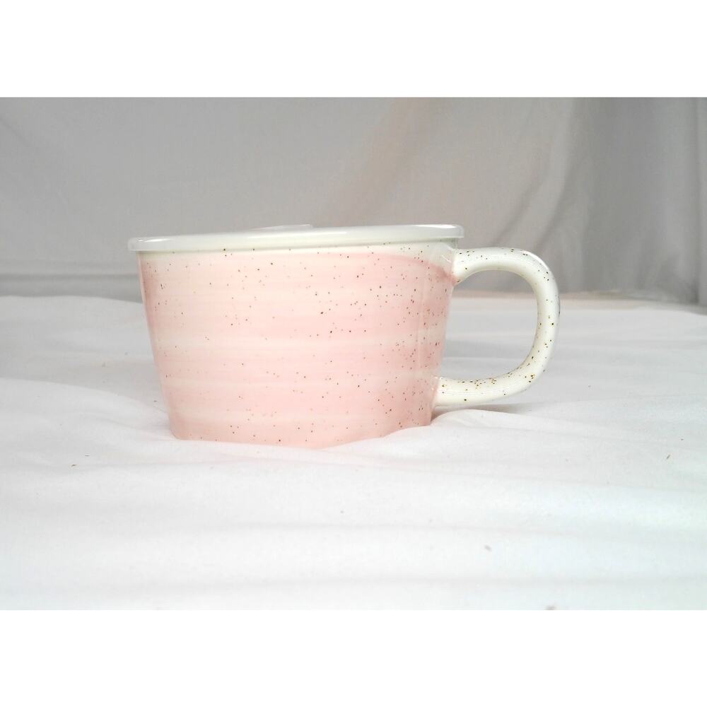 Pink Speckled Ceramic Soup Mug Bowl with Handle & Vented Lid